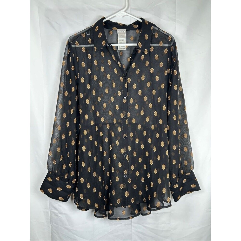 Chicos Sheer Black Button Up Blouse Women’s 16/18 Gold Geometric